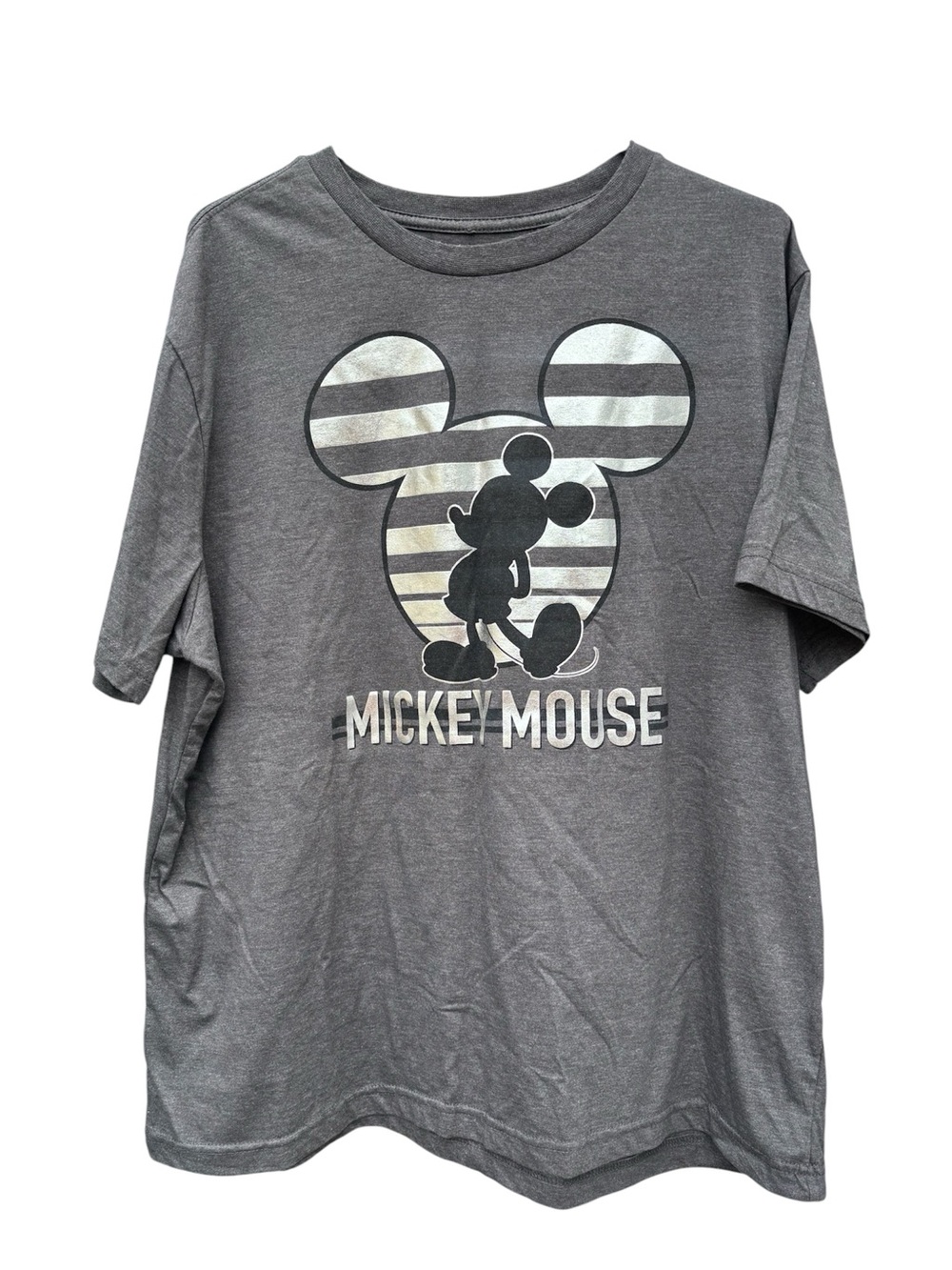 Disney Charcoal Gray Mickey Mouse Striped Graphic Tee